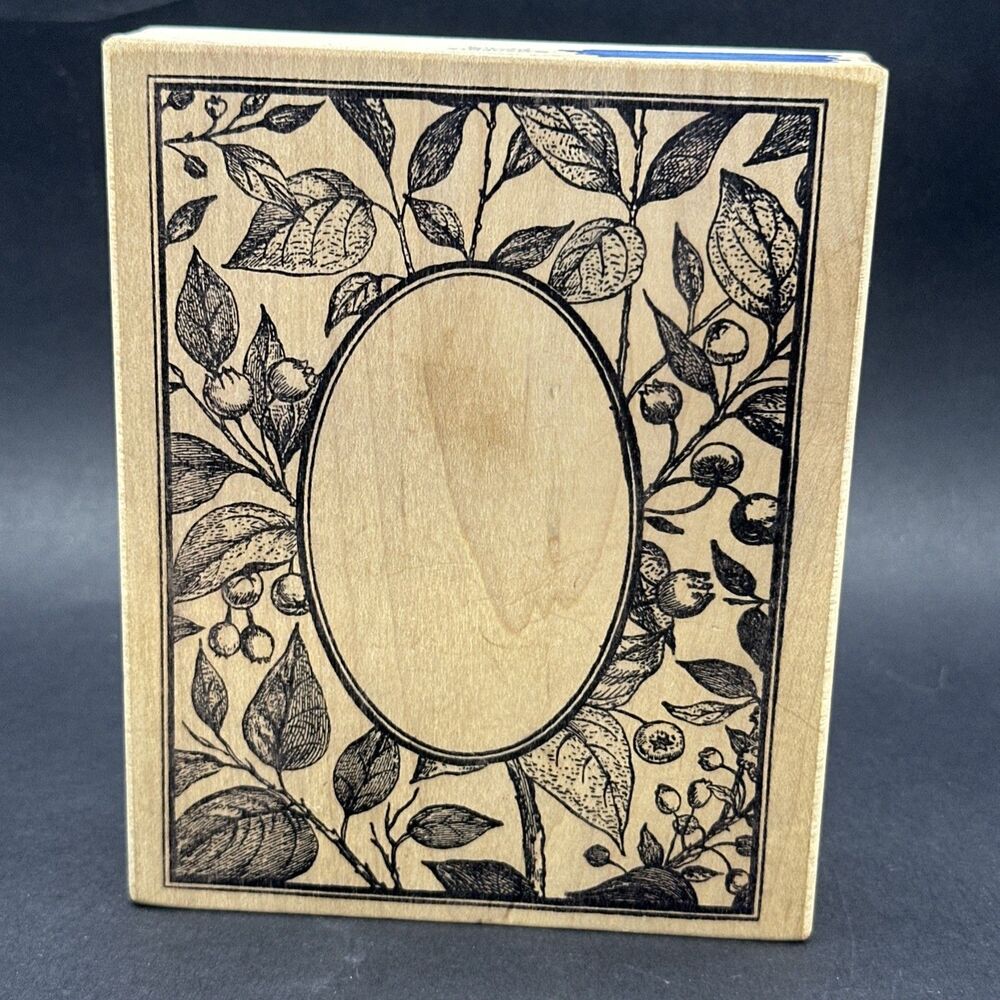 Ex. Large MAGENTA Rubber Stamp LEAVES AND BERRIES and OVAL FRAME 5-1/4 z 4-1/4"